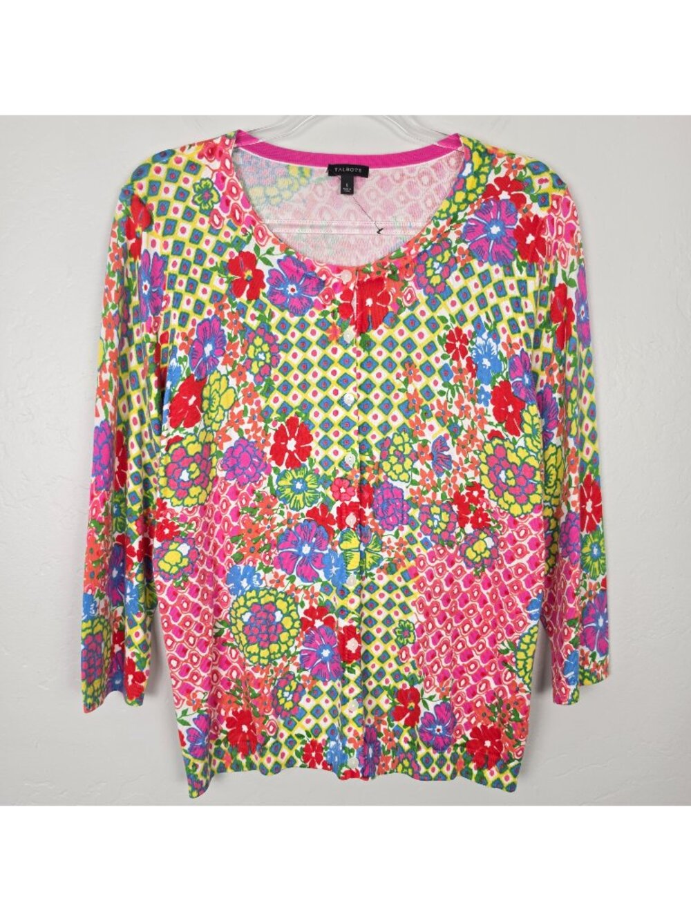 Talbots Cardigan Floral Colorful Knit 3/4 Sleeve Pink Multicolor Size L NWOT